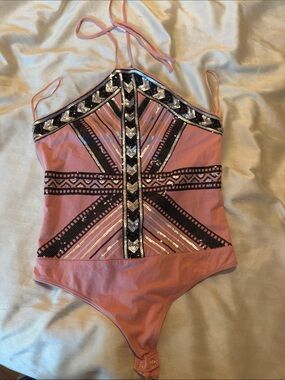 Express Pink Sequin Halter Bodysuit with Geometric Beading
